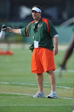 University of Miami Assistant Head Coach-Defensive Coordinator, Mark D Onofrio, instructs the team on how he wants them to execute his game plan...