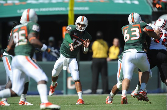 University of Miami Hurricanes quarterback Stephen Morris #17 plays in a game against the Maryland Terrapins at Sun Life Stadium on November 6, 2010. ...