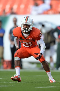 University of Miami Hurricanes defensive back Antonio Crawford #21 had 5 tackles in a game against the Virginia Cavaliers at Sun Life Stadium on...