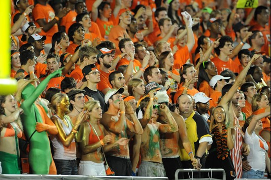 University of Miami Hurricane fans show their team spirit in a game against the Ohio State Buckeyes at Sun Life Stadium on September 17, 2011. Photo...
