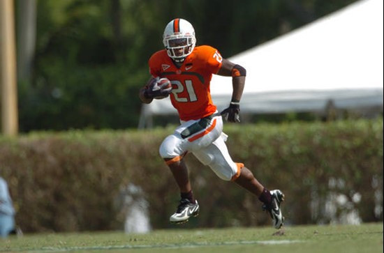 University of Miami running back Derron Thomas #21 rushes in a game against the North Carolina State Wolfpack at the Orange Bowl on November 3, 2007. ...