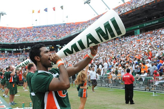 University of Miami Hurricane fans show their team spirit in a game against the Savannah State Tigers at Sun Life Stadium on September 21, 2013. ...