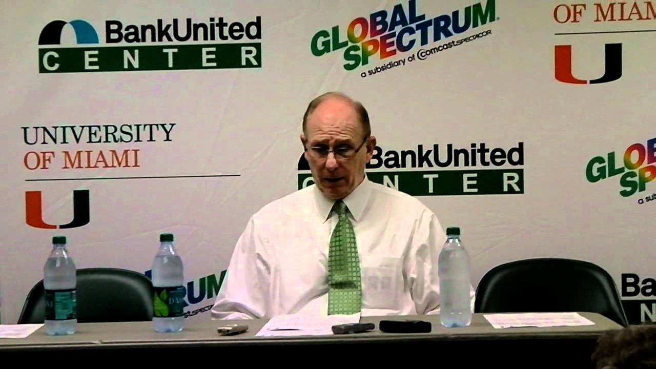 Head Coach Jim Larranaga talks to the media after the FGCU game