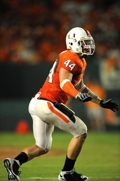 University of Miami Hurricanes linebacker Colin McCarthy #44 had 1 solo tackle and 1 assist in a game against Charleston Southern University in the...