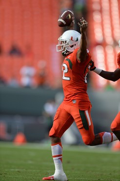 University of Miami Hurricanes defensive back Kacy Rodgers II #22 plays in a game against the Virginia Cavaliers at Sun Life Stadium on November 23,...