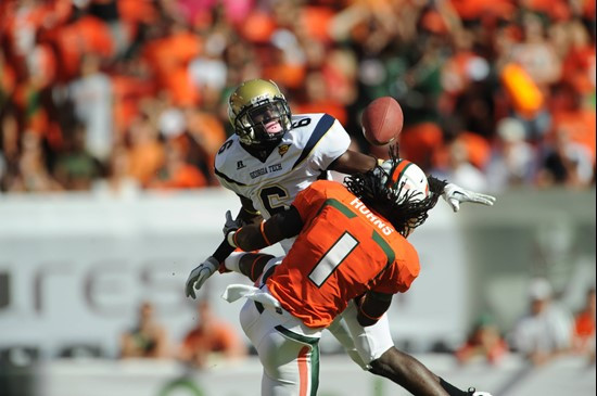 University of Miami Hurricanes wide receiver Allen Hums #1 runs in a game against the Georgia Tech Yellow Jackets at Sun Life Stadium on October 22,...