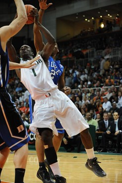 University of Miami Hurricanes guard, Durand Scott, #1, plays host to the Duke Blue Devils at the BankUnited Center on February 13, 2011. Photo by...