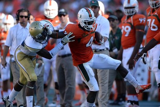 University of Miami Hurricanes wide receiver Phillip Dorsett #4 plays in a game against the Georgia Tech Yellow Jackets at Sun Life Stadium on October...