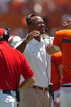 University of Miami wide receivers coach Marquis Mosely during a game against Marshall University. The Canes beat Marshall by a final score of 31-3.