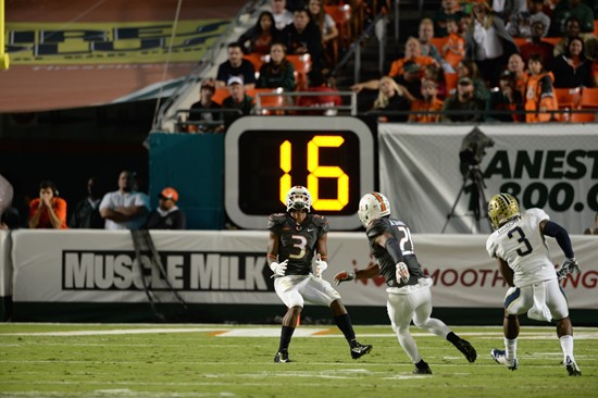 University of Miami Hurricanes wide receiver Stacy Coley #3 plays in a game against The Pittsburgh Panthers at Sun Life Stadium on November 29, 2014. ...