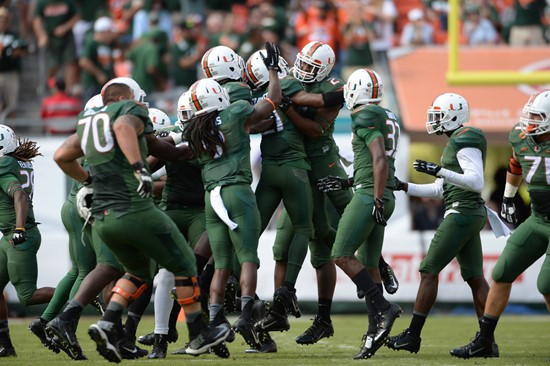 University of Miami Hurricanes defensive back Deon Bush #2 plays in a game against the North Carolina Tar Heels at Sun Life Stadium on November 1,...