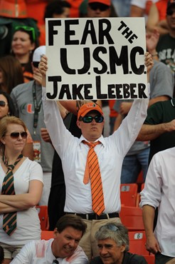 A University of Miami Hurricanes fans shows team spirit in a game against the Boston College Eagles at Sun Life Stadium on November 25, 2011.  Photo...