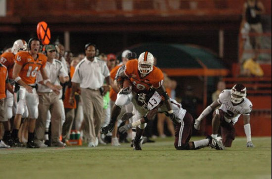 University of Miami tight end Dedrick Epps #18 catches a pass in a game against the Texas A&M Aggies at the Orange Bowl on September 20, 2007. The...