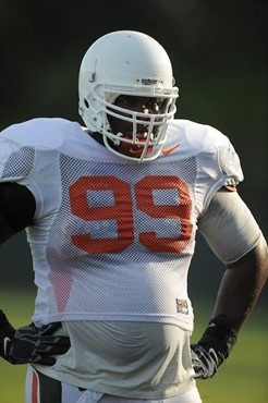 University of Miami Hurricanes players Marcus Forston #99 at Greentree practice fields training for the upcoming 2010 season. The practice was open...