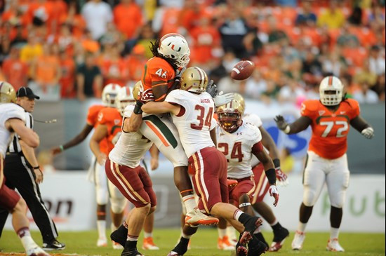 University of Miami Hurricanes defensive back Hugo Delapenha Jr. #46 plays in a game against the Boston College Eagles at Sun Life Stadium on November...