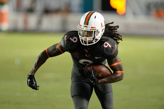 University of Miami Hurricanes wide receiver Malcolm Lewis #9 plays in a game against the Duke Blue Devils at Sun Life Stadium on September 27, 2014. ...