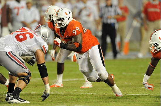 University of Miami Hurricanes defensive lineman Marcus Forston #99 plays in a game against the Ohio State Buckeyes at Sun Life Stadium on September...