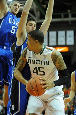 University of Miami Hurricanes forward-center, Julian Gamble #45 and the Canes play host to the Duke Blue Devils at the BankUnited Center on February...