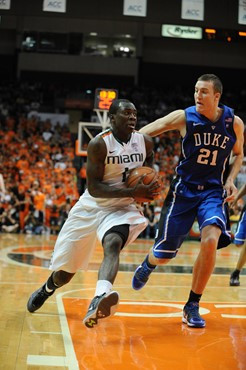 University of Miami Hurricanes guard, Durand Scott, #1, and the Canes play host to the Duke Blue Devils at the BankUnited Center on February 13, 2011....