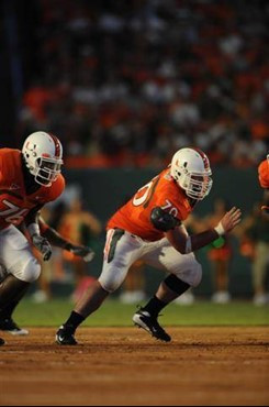 University of Miami Hurricanes guard J.J. Trump #70 plays in a game against Charleston Southern University in the Canes inaugural game at Dolphin...