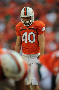 University of Miami Hurricanes kicker Jake Wieclaw #40 plays in a game against the Boston College Eagles at Sun Life Stadium on November 25, 2011. ...