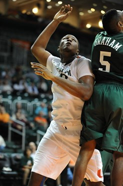 University of Miami Hurricanes center, Reggie Johnson #42, plays host to the Stetson University Hatters at the BankUnited Center on December 12, 2010....