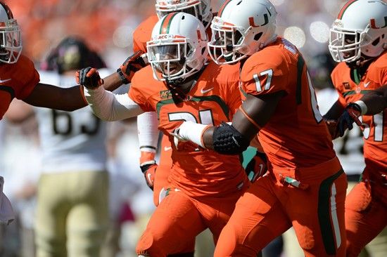 University of Miami Hurricanes defensive back Antonio Crawford #21 celebrates after intercepting a ball in a game against the Wake Forest Demon...