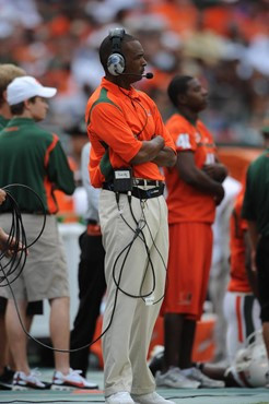 University of Miami Hurricanes head coach Randy Shannon on the sidelines in a game against the University of Central Florida Knights at Dolphin...