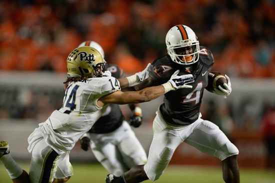 University of Miami Hurricanes wide receiver Phillip Dorsett #4 plays in a game against The Pittsburgh Panthers at Sun Life Stadium on November 29,...