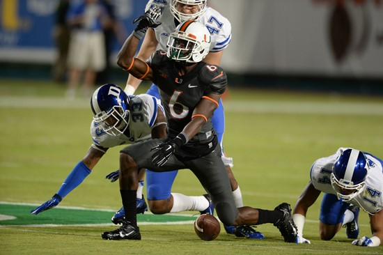 University of Miami Hurricanes wide receiver Herb Waters #6 plays in a game against the Duke Blue Devils at Sun Life Stadium on September 27, 2014. ...