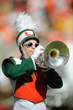 The University of Miami Band of the hour performs before a game against the Georgia Tech Yellow Jackets at Sun Life Stadium on October 22, 2011. ...