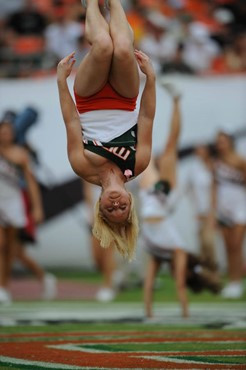 A University of Miami Hurricanes cheerleader does a backflip  in a game against the University of Central Florida Knights at Dolphin Stadium on...