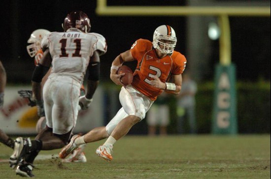 University of Miami quraterback Kyle Wright #3 completed 14 passes on 29 attempts for 84 yards and rushed 5 times for -6 yards against the Virginia...