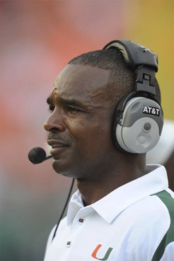 Miami Hurricanes head coach Randy Shannon watches his team from the sidelines in a game against the Deamon Deacons of Wake Forest at Dolphin Stadium...