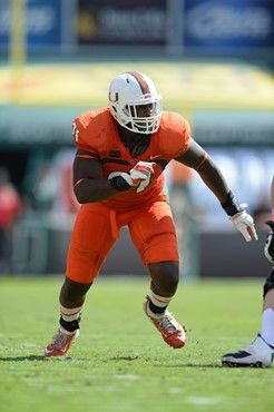 University of Miami Hurricanes defensive lineman Olsen Pierre #91 plays in a game against the Wake Forest Demon Deacons at Sun Life Stadium on October...