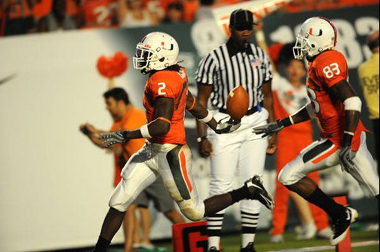 University of Miami Hurricanes running back Graig Cooper #2 rushed 4 times for 22 yards and scored a touchdown in a game against Charleston Southern...