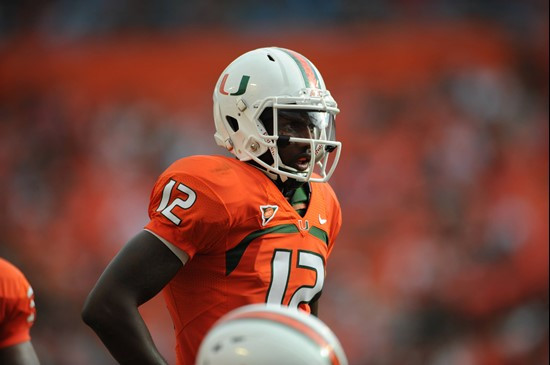 University of Miami Hurricanes quarterback Jacory Harris #12 gets set in shotgun formation during a game against the Duke Blue Devils at Sun Life...