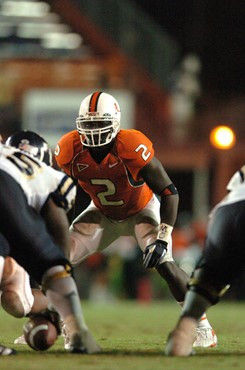 University of Miami Hurricanes linebacker Jon Beason #2 lead his team with 6 solo tackles and 2 assists in a game against the Florida International...