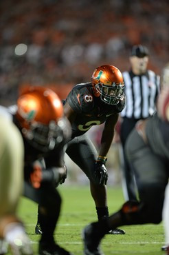 Duke Johnson #8 and the University of Miami Hurricanes play host to the Florida State Seminoles at Sun Life Stadium on November 15, 2014. Photos by...