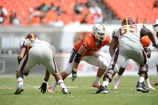 University of Miami Hurricanes defensive lineman Anthony Chickillo #71 plays in a game against the Bethune Cookman Wildcats at Sun Life Stadium on...
