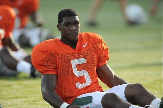 University of Miami Hurricanes players Mike James #4 at Greentree practice fields training for the upcoming 2010 season. The practice was open for...