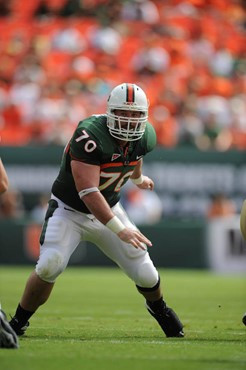 University of Miami Hurricanes guard J.J. Trump #70 plays in a game against the Deamon Deacons of Wake Forest at Dolphin Stadium on October 25, 2008. ...