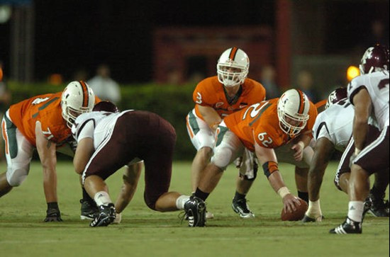 University of Miami quarterback Kyle Wright #3 gets set to take a snap in a game against the Texas A&M Aggies at the Orange Bowl on September 20,...