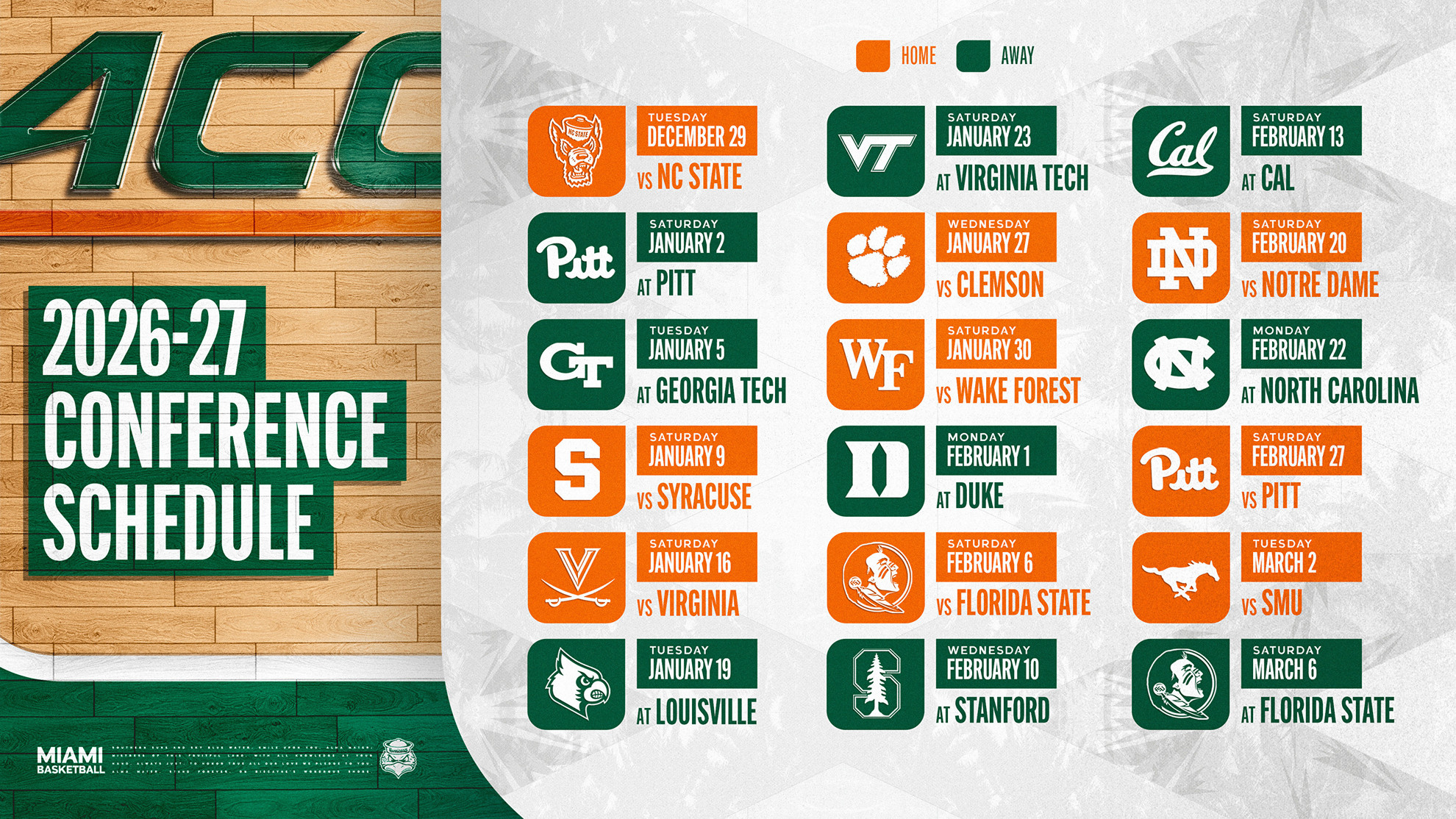 The Miami men's basketball 2026-27 ACC schedule.