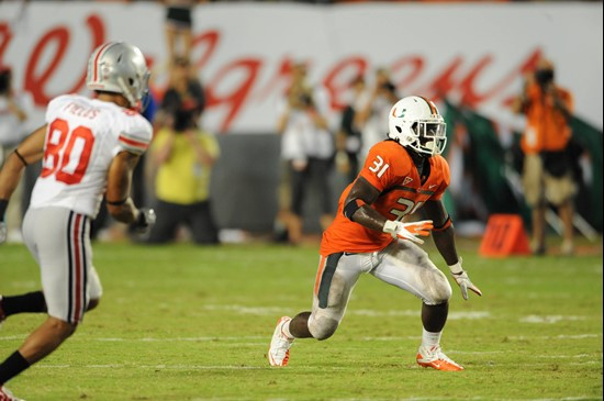 University of Miami Hurricanes linebacker Sean Spence #31 plays in a game against the Ohio State Buckeyes at Sun Life Stadium on September 17, 2011. ...