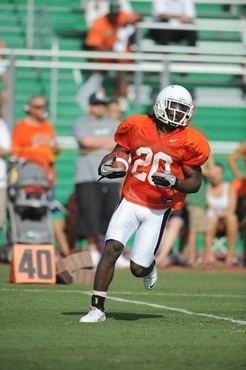 University of Miami Hurricanes players Damien Berry #20 at Greentree practice fields training for the upcoming 2010 season. The practice was open for...