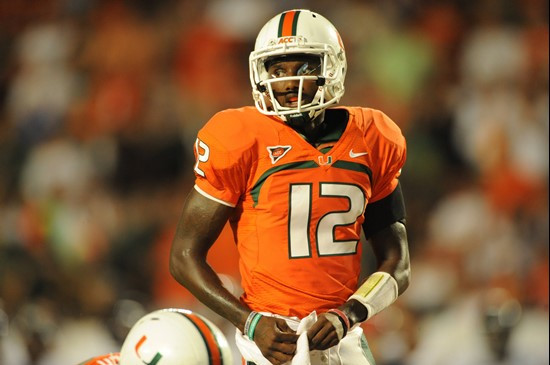 University of Miami Hurricanes quarterback Jacory Harris #12 plays in a game against the Virginia Cavaliers at Sun Life Stadium on October 27, 2011....