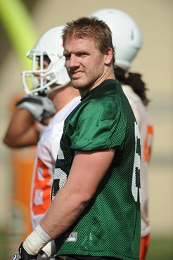 University of Miami tight end, Blake Ayles #86, in his first spring practice at Greentree Practice fields on March 5, 2011 on the University of Miami...