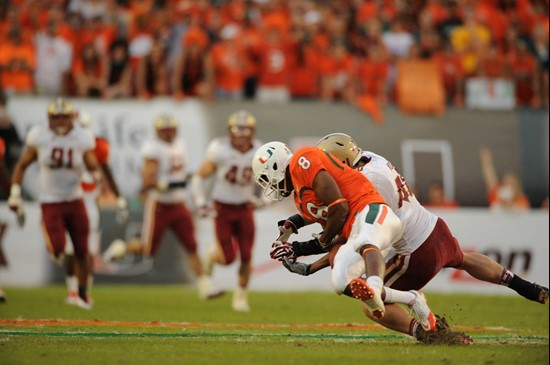University of Miami Hurricanes wide receiver Tommy Streeter #8 plays in a game against the Boston College Eagles at Sun Life Stadium on November 25,...