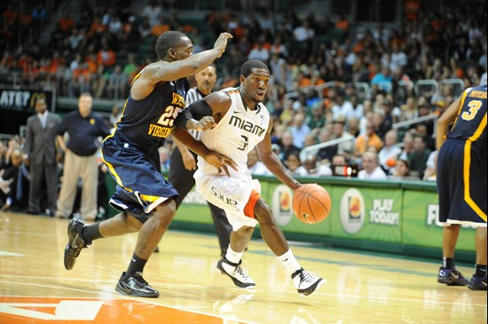 University of Miami Hurricanes guard, Malcolm Grant #3, plays host to 2010 NCAA Final Four participant West Virginia at the BankUnited Center on...